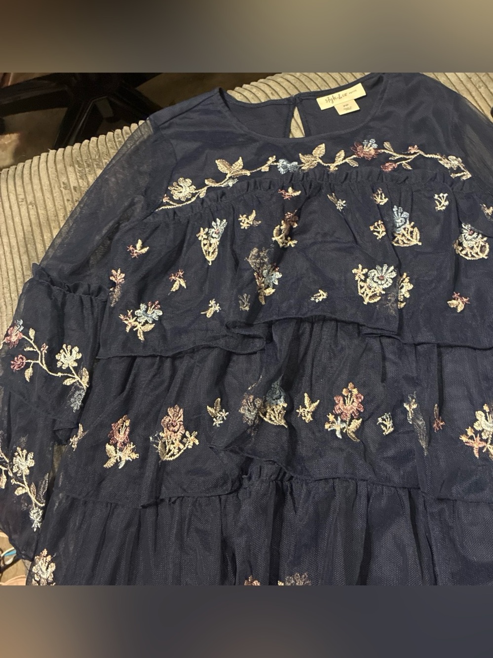 Style & Co. Navy Tiered ruffled top with Multicolor Floral Embroidery